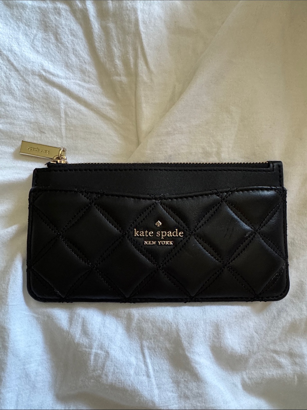 kate spade Black Quilted Leather Zip Wallet with Gold Logo
